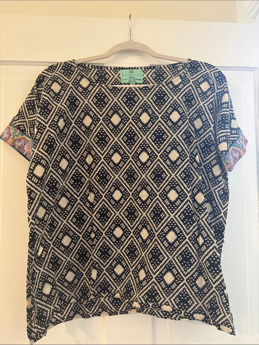 Black and Cream Geometric Short Sleeve Women's Top with Colorful Beaded Detail